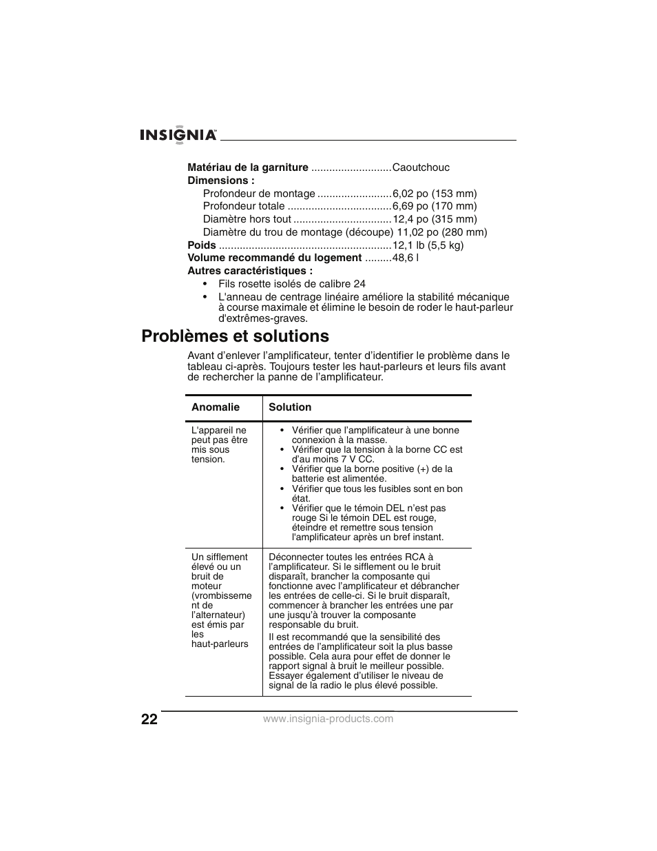 Problèmes et solutions | Insignia NS-P2000 User Manual | Page 22 / 40