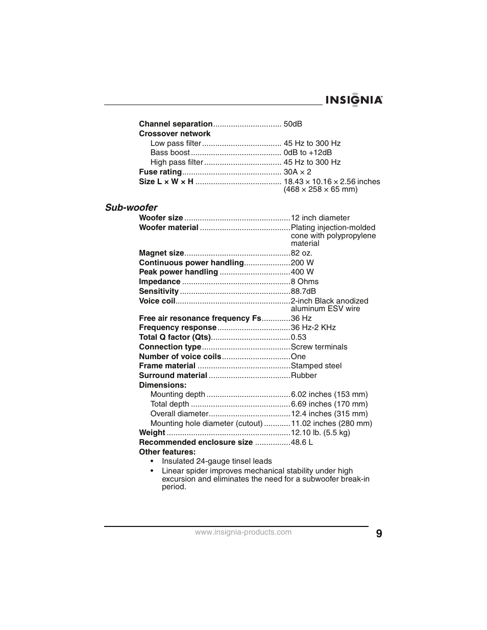 Sub-woofer | Insignia NS-P2000 User Manual | Page 9 / 40