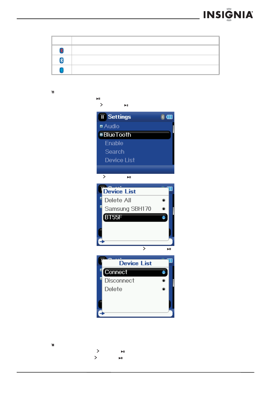 Using the bluetooth status icons, Viewing your bluetooth headphones, Changing settings | Insignia NS-2V17 User Manual | Page 27 / 68