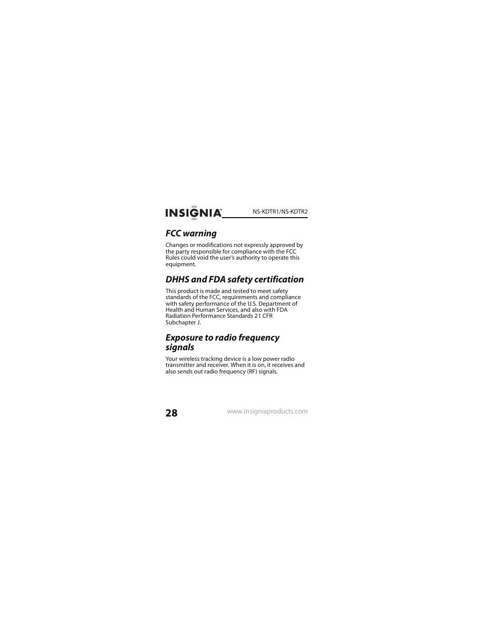 Fcc warning, Dhhs and fda safety certification, Exposure to radio frequency signals | Insignia NS-KDTR2 User Manual | Page 28 / 36