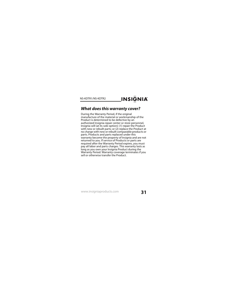 What does this warranty cover | Insignia NS-KDTR2 User Manual | Page 31 / 36