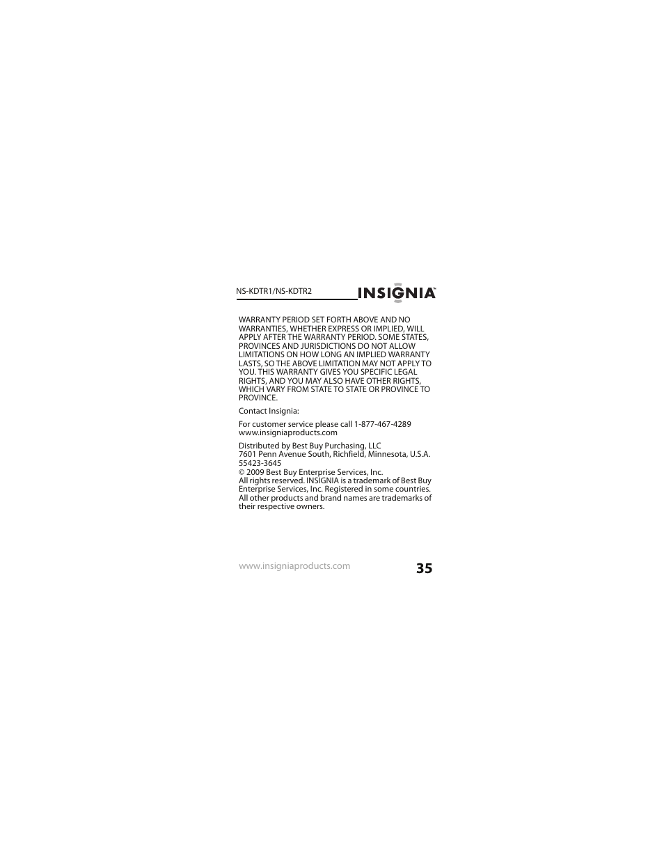 Insignia NS-KDTR2 User Manual | Page 35 / 36