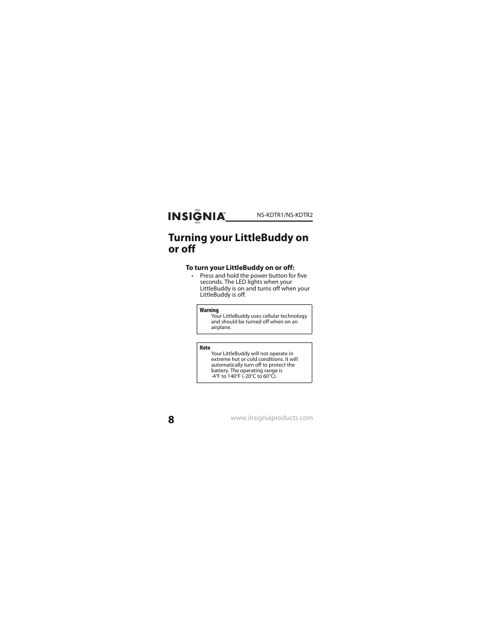 Turning your littlebuddy on or off | Insignia NS-KDTR2 User Manual | Page 8 / 36