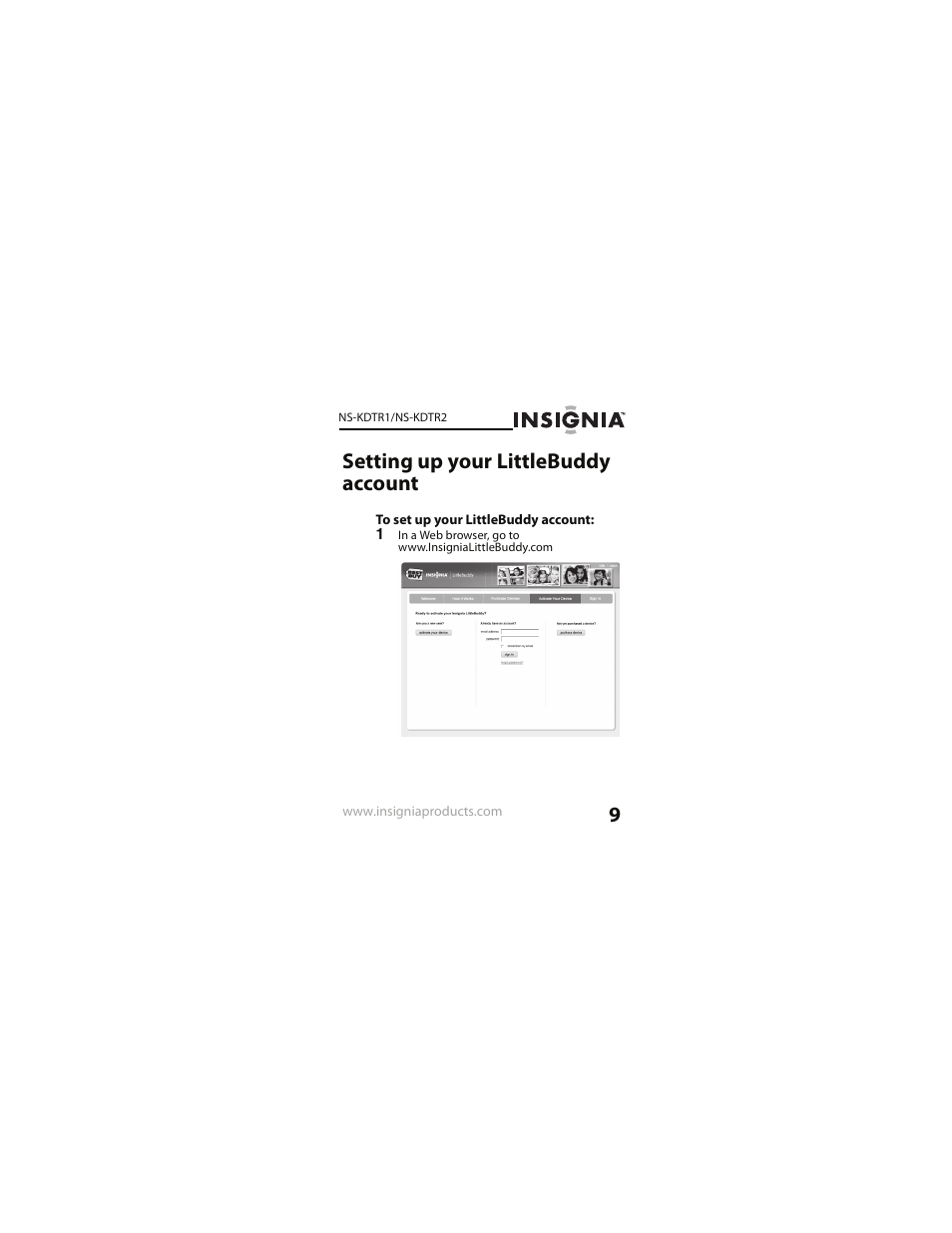 Setting up your littlebuddy account | Insignia NS-KDTR2 User Manual | Page 9 / 36