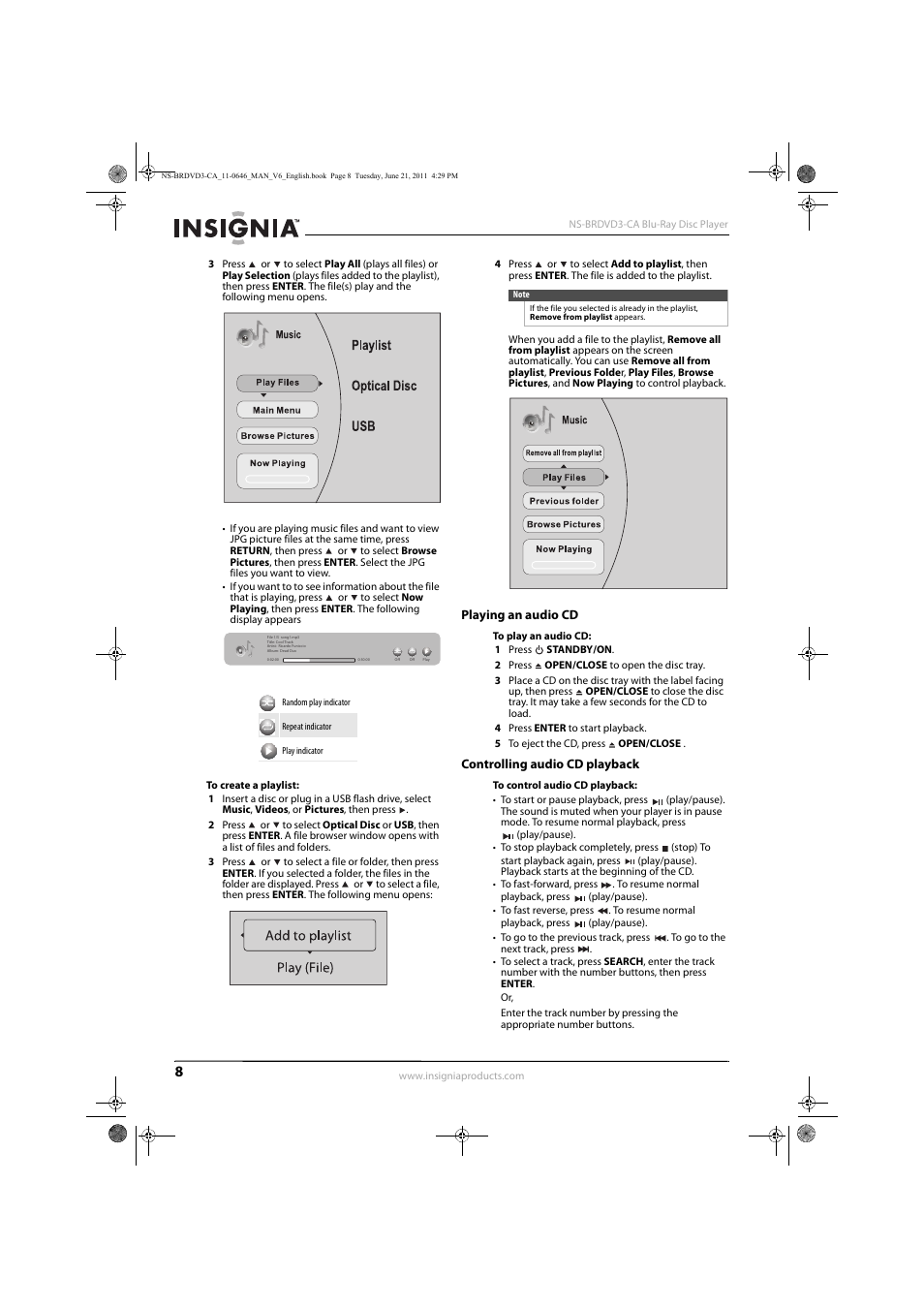 Playing an audio cd, Controlling audio cd playback, Playing an audio cd controlling audio cd playback | Insignia N/A NS-BRDVD3-CA User Manual | Page 12 / 30