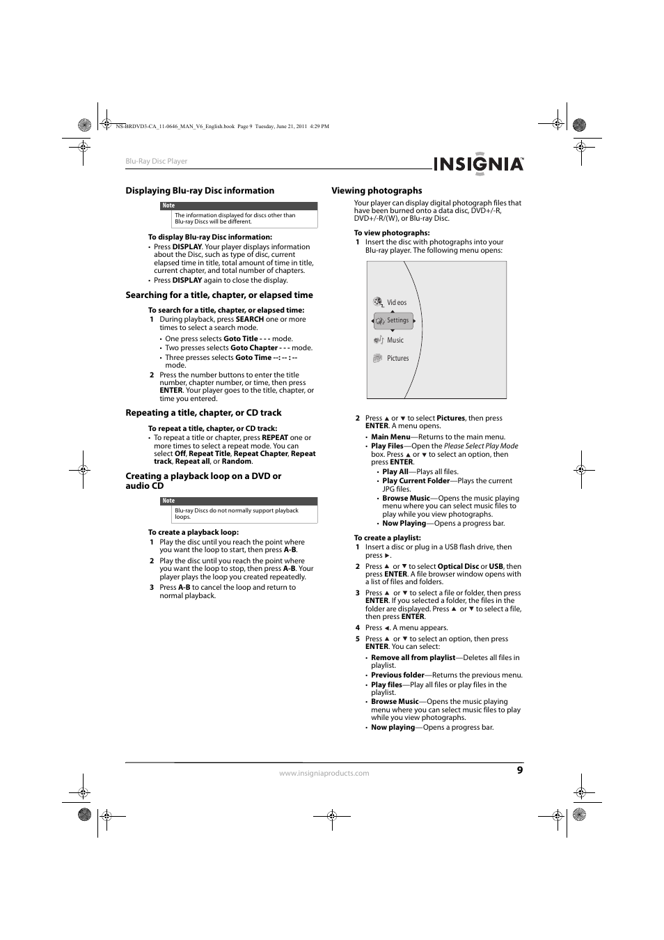 Displaying blu-ray disc information, Searching for a title, chapter, or elapsed time, Repeating a title, chapter, or cd track | Creating a playback loop on a dvd or audio cd, Viewing photographs | Insignia N/A NS-BRDVD3-CA User Manual | Page 13 / 30