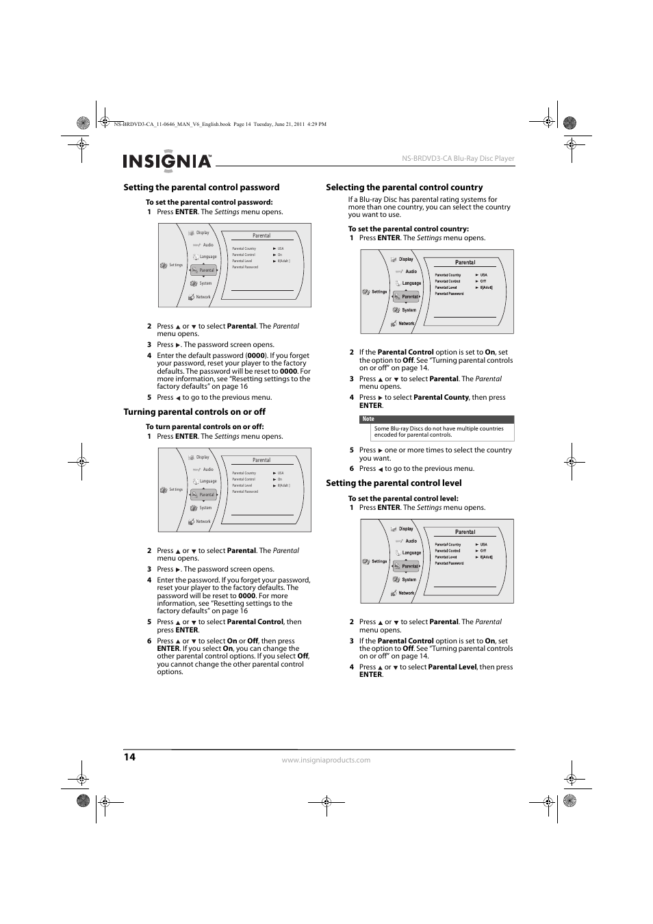Setting the parental control password, Turning parental controls on or off, Selecting the parental control country | Setting the parental control level | Insignia N/A NS-BRDVD3-CA User Manual | Page 18 / 30