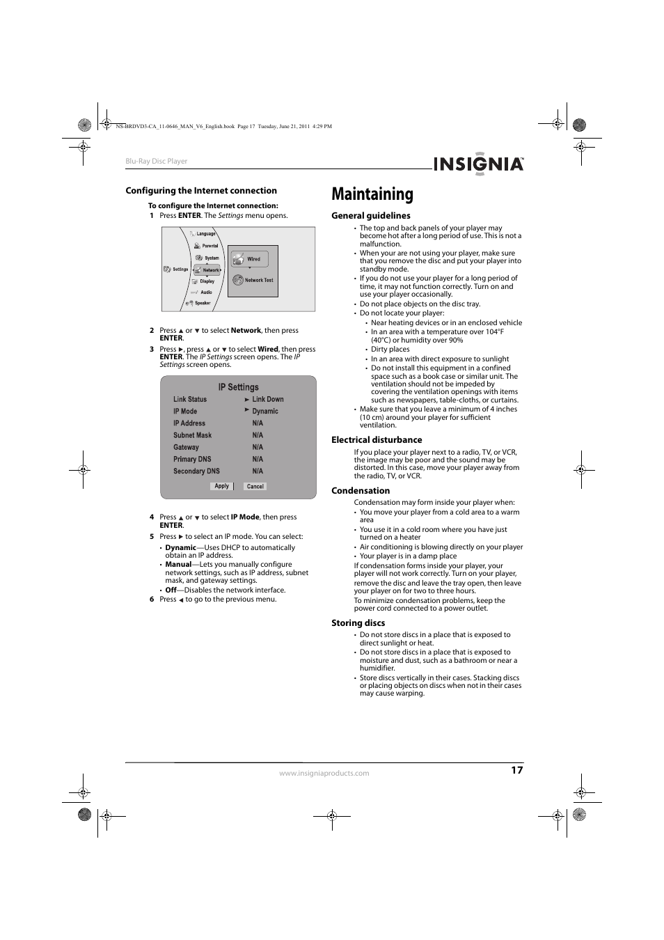 Configuring the internet connection, Maintaining, General guidelines | Electrical disturbance, Condensation, Storing discs | Insignia N/A NS-BRDVD3-CA User Manual | Page 21 / 30