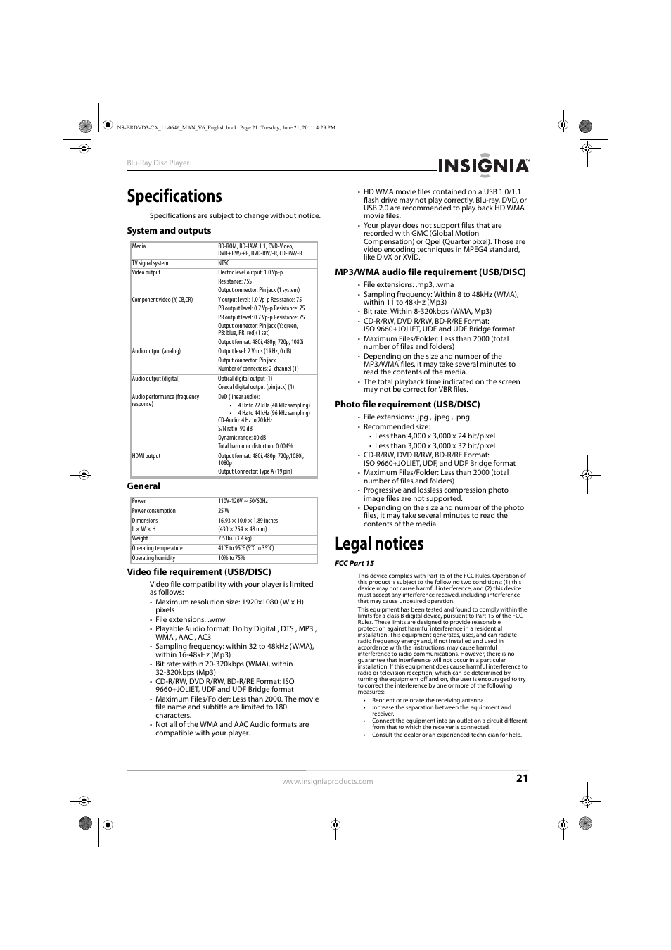 Specifications, System and outputs, General | Video file requirement (usb/disc), Mp3/wma audio file requirement (usb/disc), Photo file requirement (usb/disc), Legal notices | Insignia N/A NS-BRDVD3-CA User Manual | Page 25 / 30