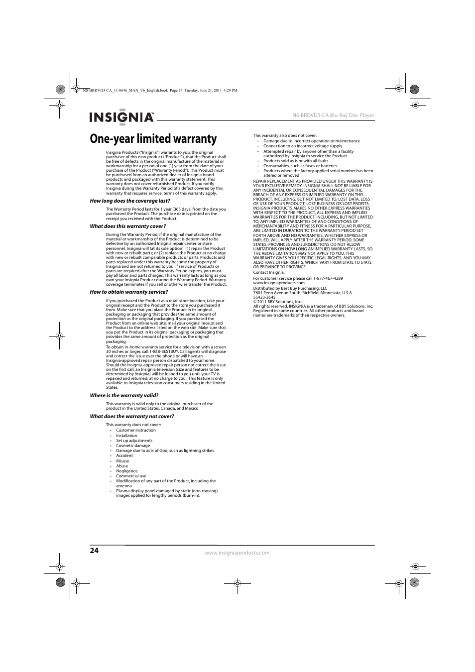 One-year limited warranty | Insignia N/A NS-BRDVD3-CA User Manual | Page 28 / 30
