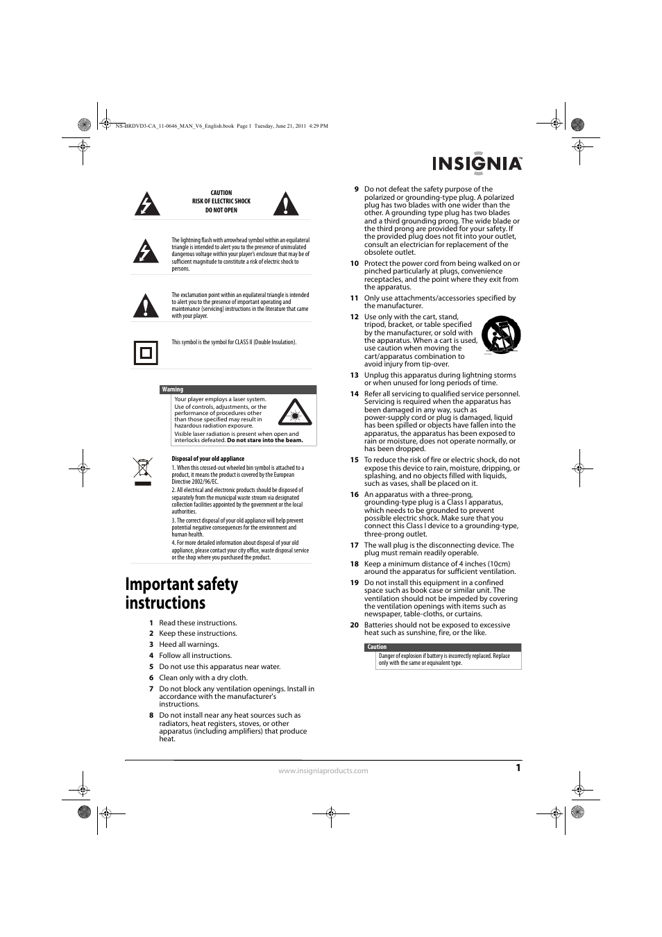 Important safety instructions | Insignia N/A NS-BRDVD3-CA User Manual | Page 5 / 30