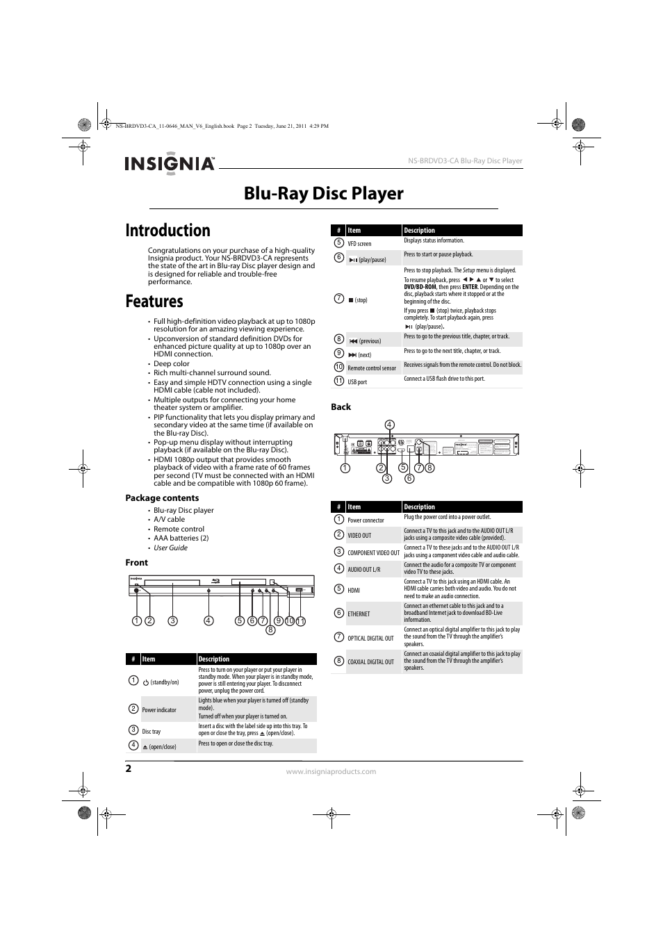 Introduction, Features, Package contents | Front, Back, Package contents front back, Blu-ray disc player introduction | Insignia N/A NS-BRDVD3-CA User Manual | Page 6 / 30