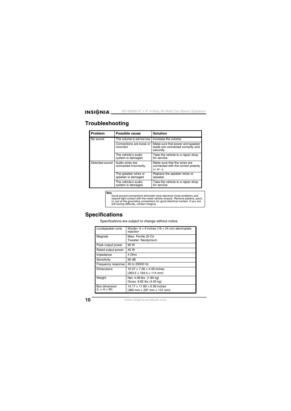 Troubleshooting specifications | Insignia NS-S6900 User Manual | Page 10 / 40
