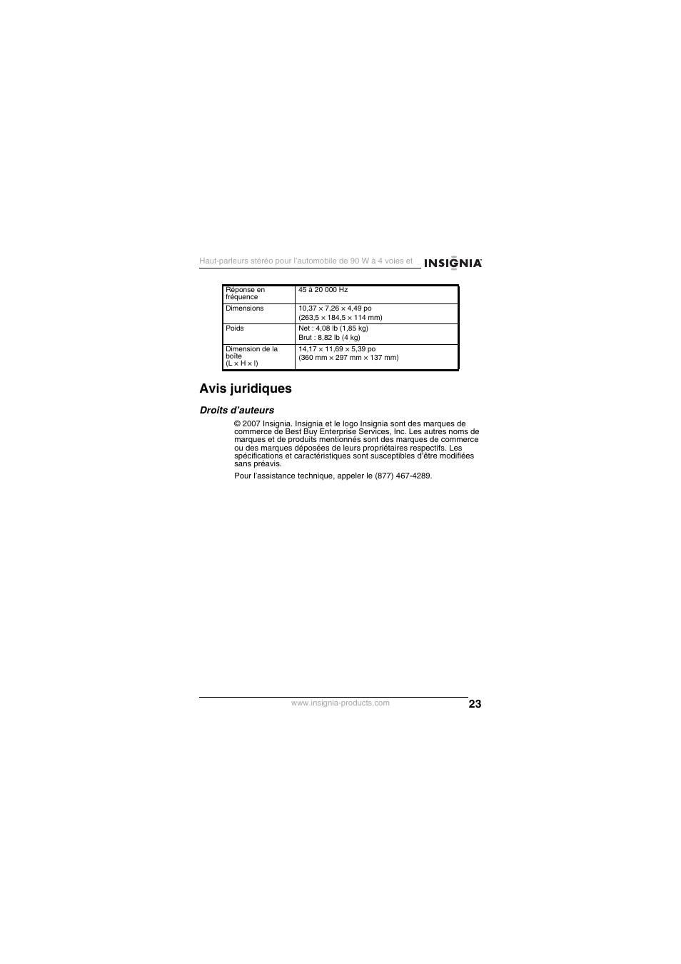 Avis juridiques | Insignia NS-S6900 User Manual | Page 23 / 40