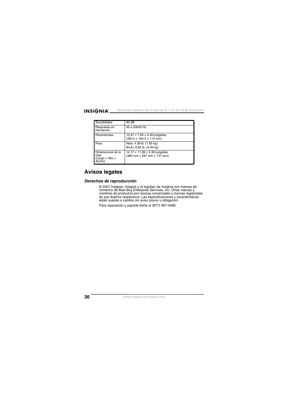 Avisos legales | Insignia NS-S6900 User Manual | Page 36 / 40