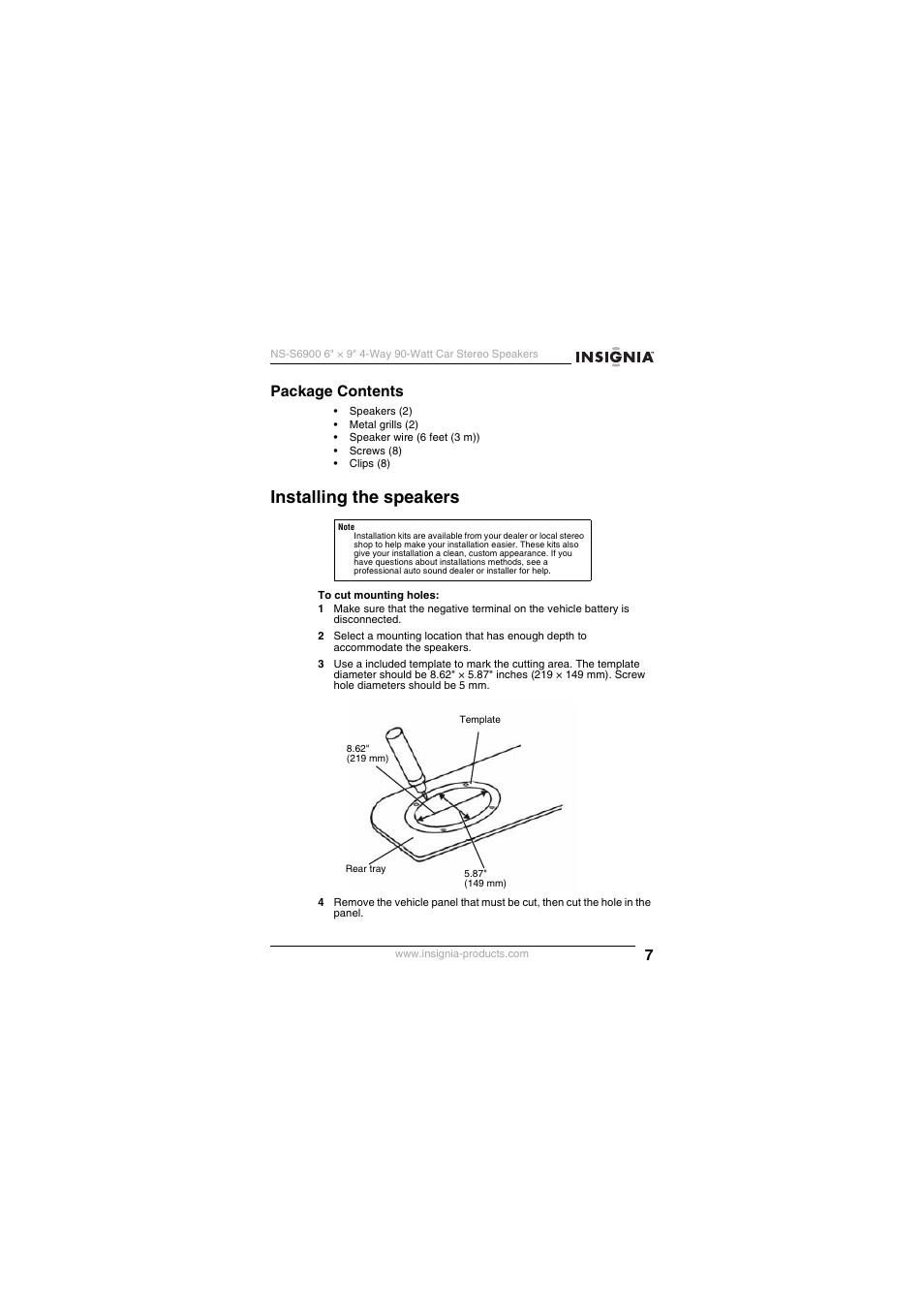 Installing the speakers, Package contents | Insignia NS-S6900 User Manual | Page 7 / 40