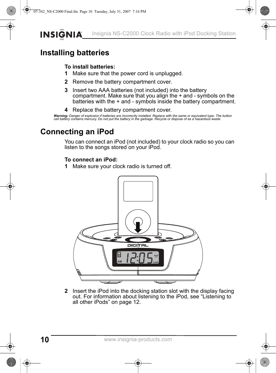 Installing batteries, 1 make sure that the power cord is unplugged, 2 remove the battery compartment cover | 4 replace the battery compartment cover, Connecting an ipod, 1 make sure your clock radio is turned off | Insignia NS-C2000 User Manual | Page 10 / 50
