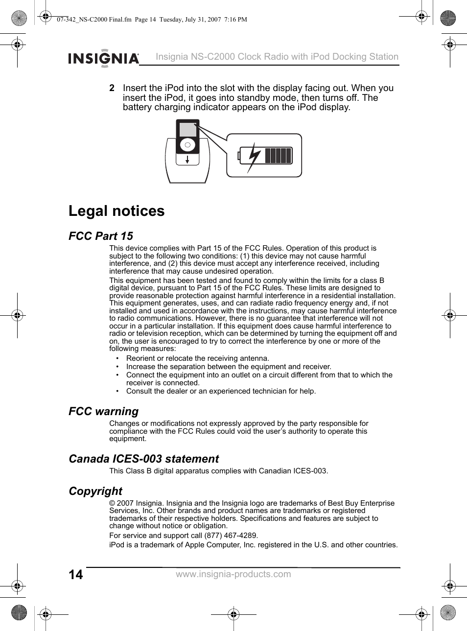 Legal notices, Fcc part 15, Fcc warning | Canada ices-003 statement, Copyright | Insignia NS-C2000 User Manual | Page 14 / 50