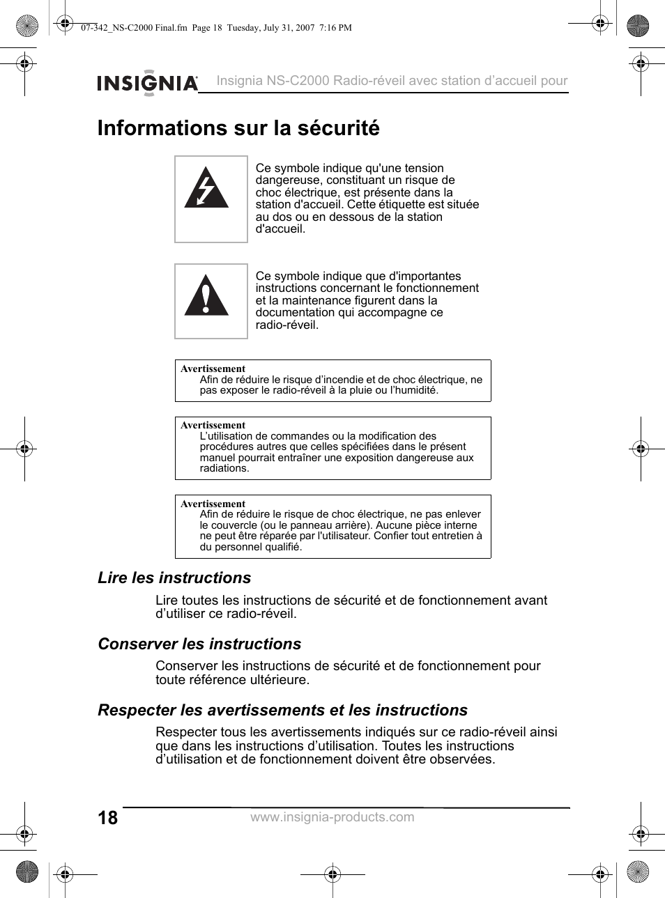 Informations sur la sécurité, Lire les instructions, Conserver les instructions | Respecter les avertissements et les instructions | Insignia NS-C2000 User Manual | Page 18 / 50