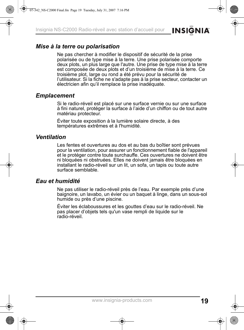 Mise à la terre ou polarisation, Emplacement, Ventilation | Eau et humidité | Insignia NS-C2000 User Manual | Page 19 / 50