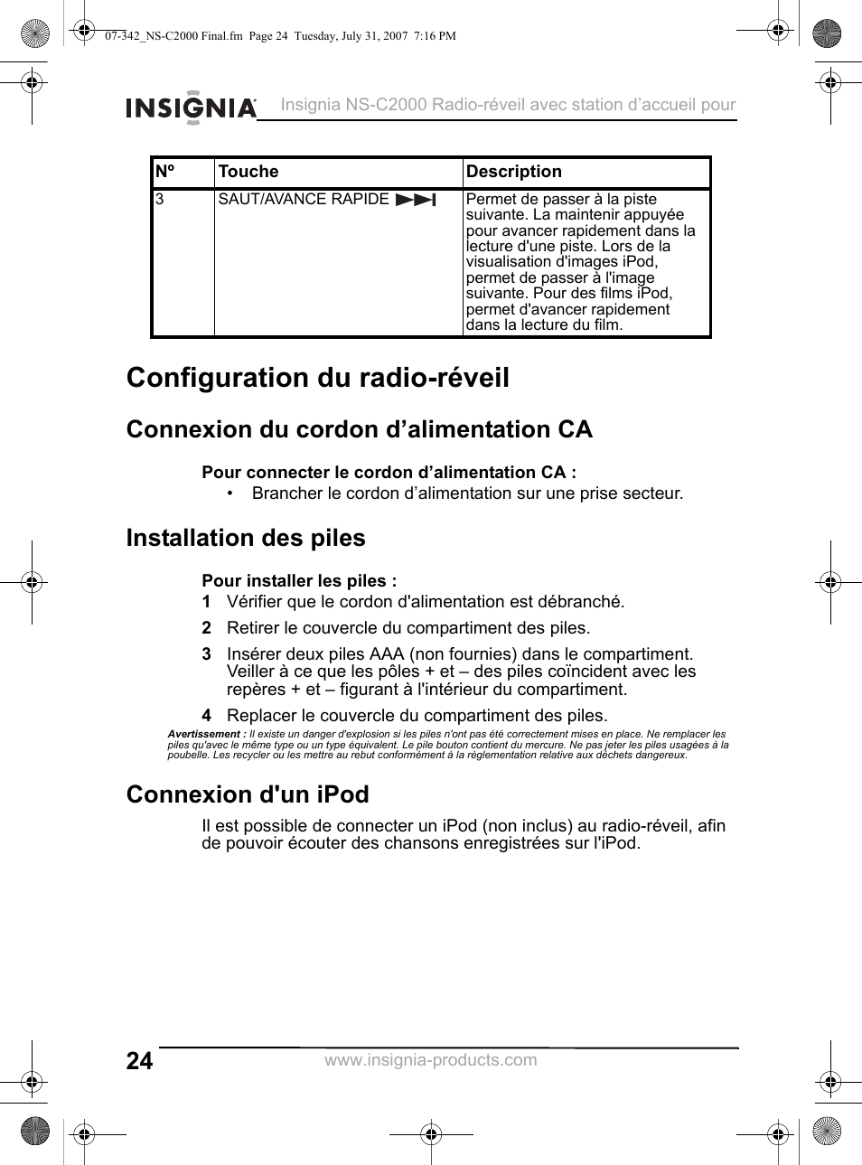 Configuration du radio-réveil, Connexion du cordon d’alimentation ca, Installation des piles | 2 retirer le couvercle du compartiment des piles, 4 replacer le couvercle du compartiment des piles, Connexion d'un ipod | Insignia NS-C2000 User Manual | Page 24 / 50