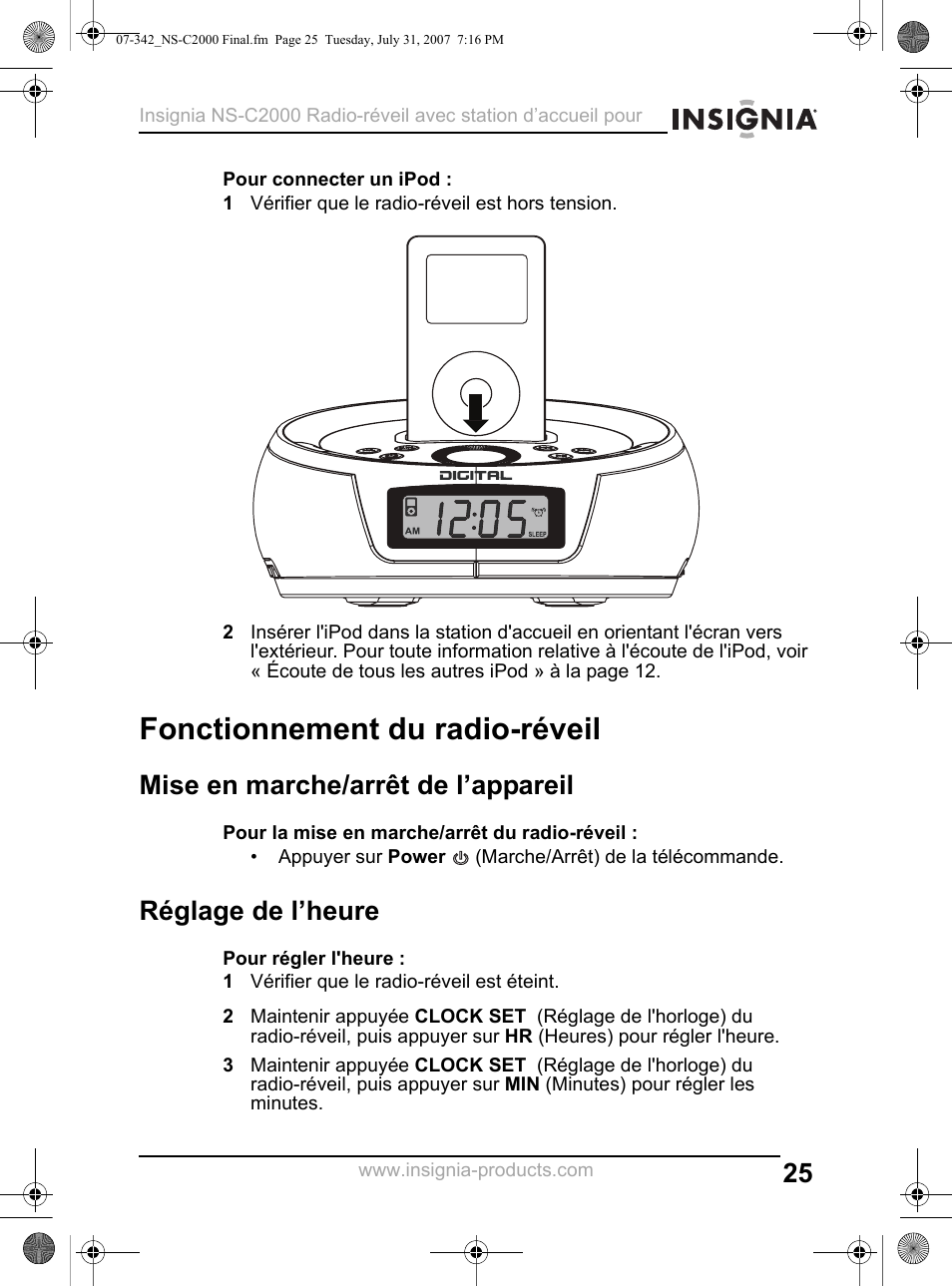 1 vérifier que le radio-réveil est hors tension, Fonctionnement du radio-réveil, Mise en marche/arrêt de l’appareil | Réglage de l’heure, 1 vérifier que le radio-réveil est éteint | Insignia NS-C2000 User Manual | Page 25 / 50