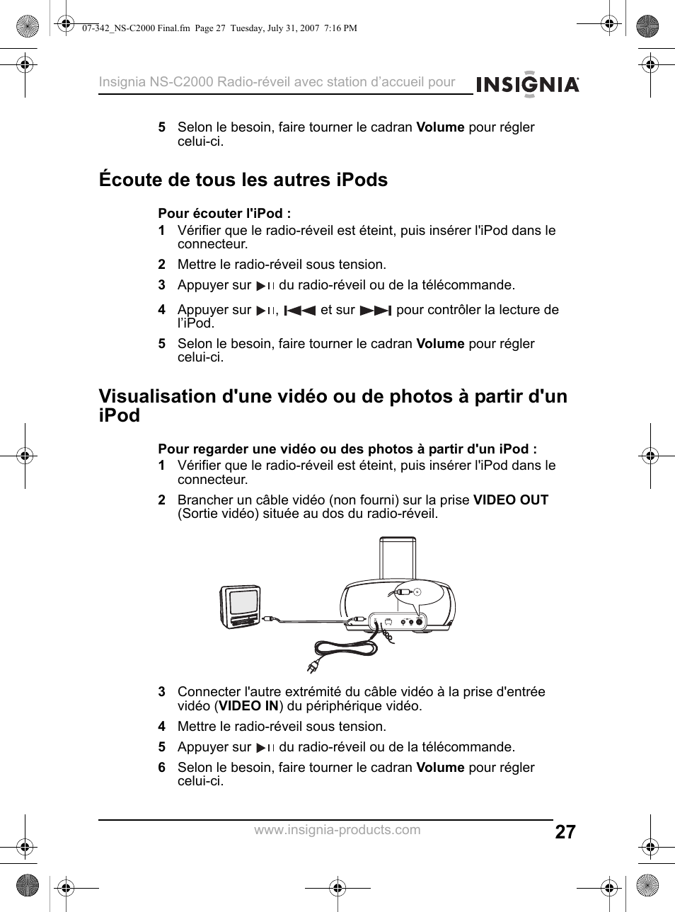 Écoute de tous les autres ipods, 2 mettre le radio-réveil sous tension, 4 mettre le radio-réveil sous tension | Insignia NS-C2000 User Manual | Page 27 / 50