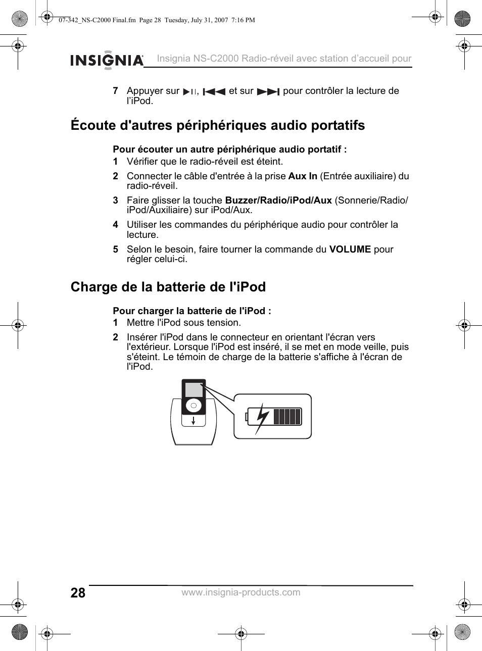 Écoute d'autres périphériques audio portatifs, 1 vérifier que le radio-réveil est éteint, Charge de la batterie de l'ipod | 1 mettre l'ipod sous tension | Insignia NS-C2000 User Manual | Page 28 / 50