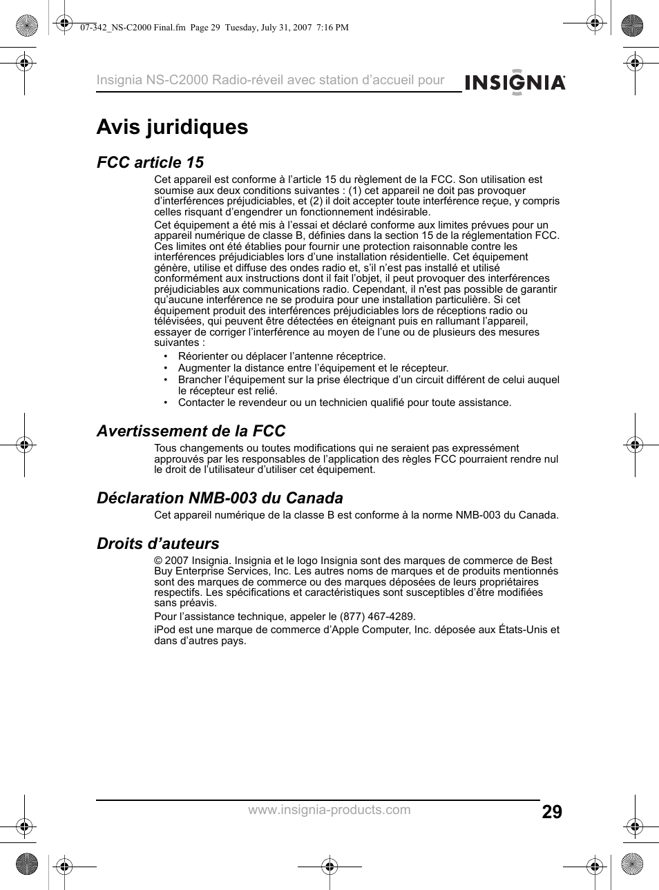 Avis juridiques, Fcc article 15, Avertissement de la fcc | Déclaration nmb-003 du canada, Droits d’auteurs | Insignia NS-C2000 User Manual | Page 29 / 50