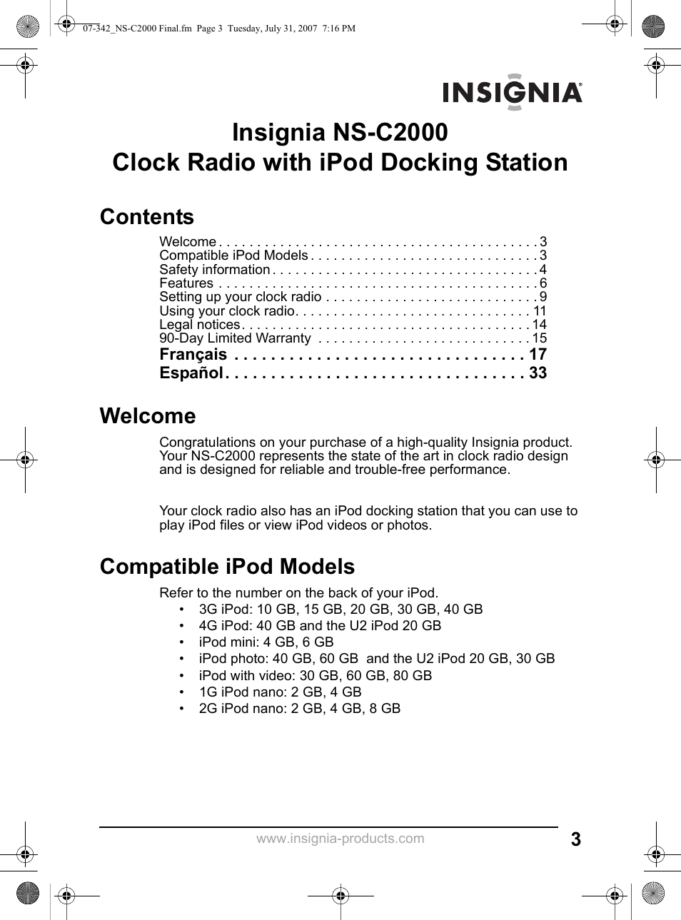 Insignia NS-C2000 User Manual | Page 3 / 50