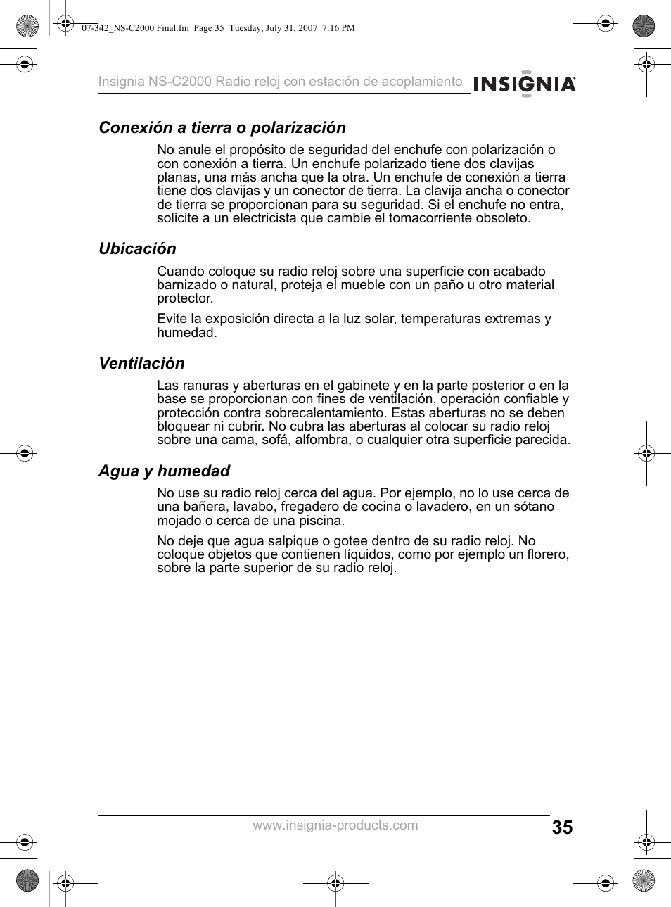 Conexión a tierra o polarización, Ubicación, Ventilación | Agua y humedad | Insignia NS-C2000 User Manual | Page 35 / 50
