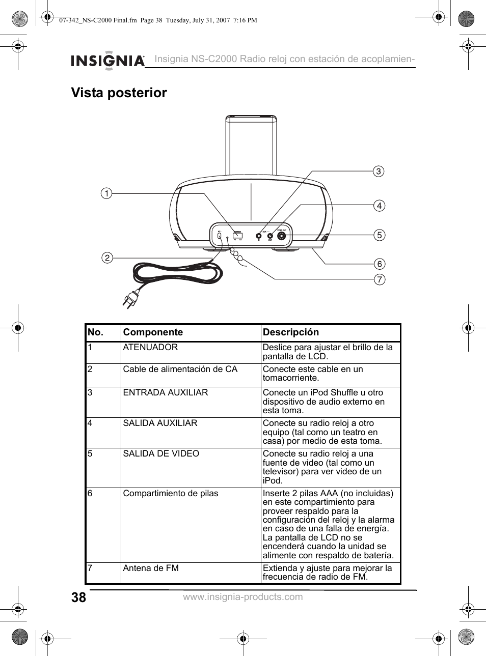 Vista posterior | Insignia NS-C2000 User Manual | Page 38 / 50