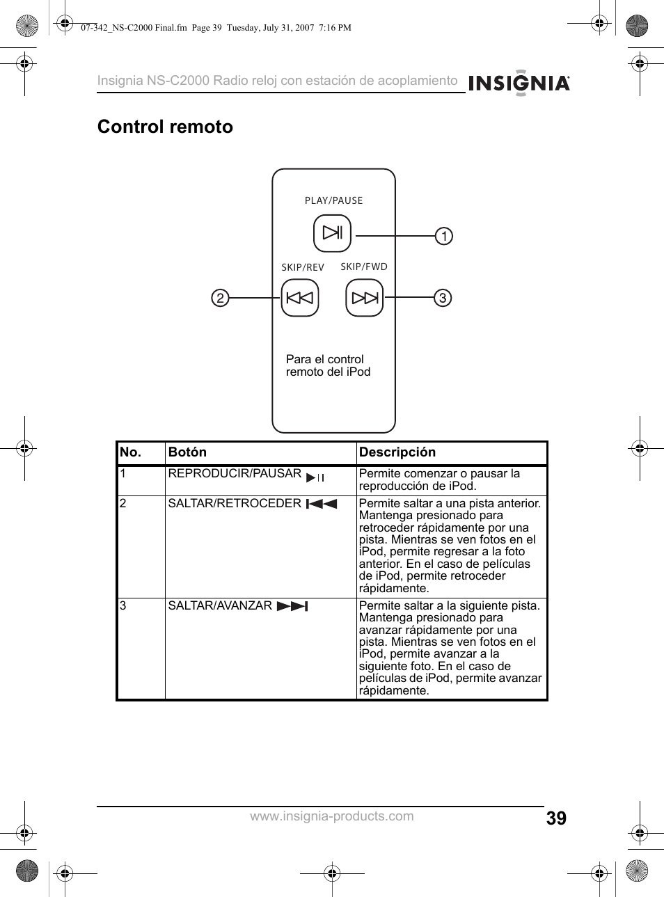 Control remoto | Insignia NS-C2000 User Manual | Page 39 / 50