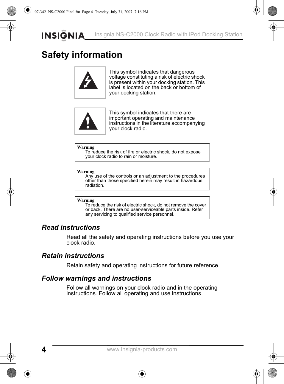 Safety information, Read instructions, Retain instructions | Follow warnings and instructions | Insignia NS-C2000 User Manual | Page 4 / 50