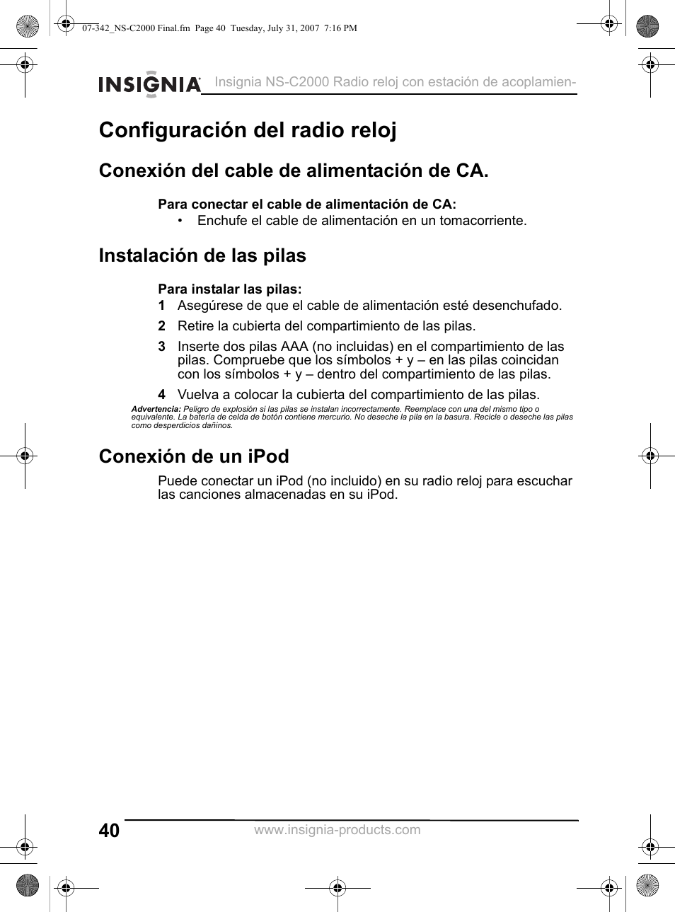 Configuración del radio reloj, Conexión del cable de alimentación de ca, Instalación de las pilas | Conexión de un ipod | Insignia NS-C2000 User Manual | Page 40 / 50