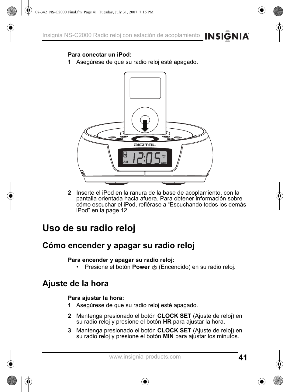 1 asegúrese de que su radio reloj esté apagado, Uso de su radio reloj, Cómo encender y apagar su radio reloj | Ajuste de la hora | Insignia NS-C2000 User Manual | Page 41 / 50