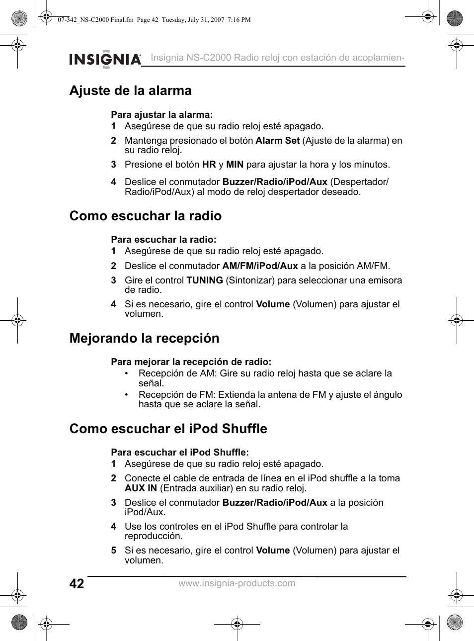 Ajuste de la alarma, 1 asegúrese de que su radio reloj esté apagado, Como escuchar la radio | Mejorando la recepción, Como escuchar el ipod shuffle | Insignia NS-C2000 User Manual | Page 42 / 50