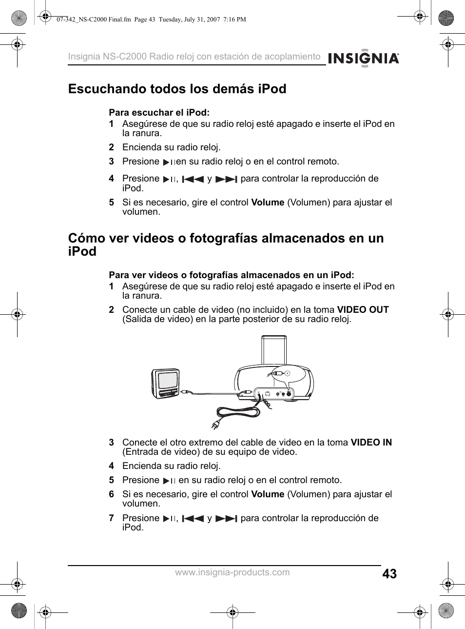 Escuchando todos los demás ipod, 2 encienda su radio reloj, 4 encienda su radio reloj | Insignia NS-C2000 User Manual | Page 43 / 50