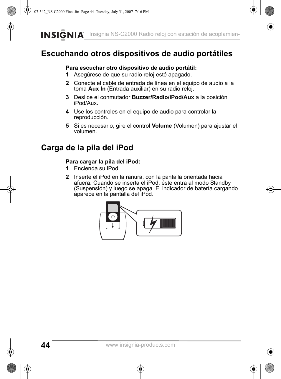 Escuchando otros dispositivos de audio portátiles, 1 asegúrese de que su radio reloj esté apagado, Carga de la pila del ipod | 1 encienda su ipod | Insignia NS-C2000 User Manual | Page 44 / 50