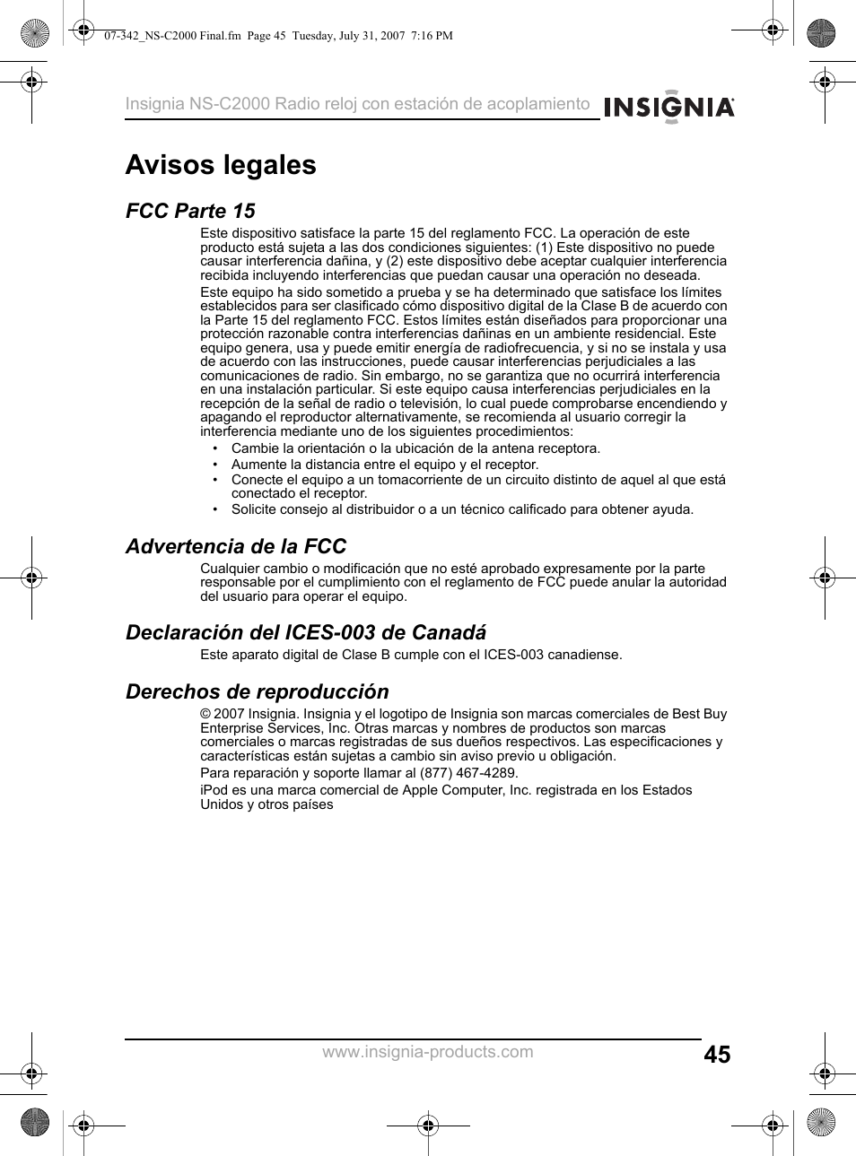 Avisos legales, Fcc parte 15, Advertencia de la fcc | Declaración del ices-003 de canadá, Derechos de reproducción | Insignia NS-C2000 User Manual | Page 45 / 50