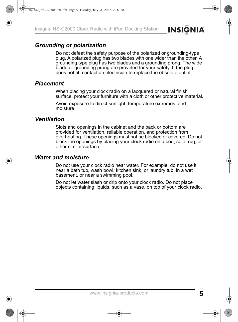 Grounding or polarization, Placement, Ventilation | Water and moisture | Insignia NS-C2000 User Manual | Page 5 / 50