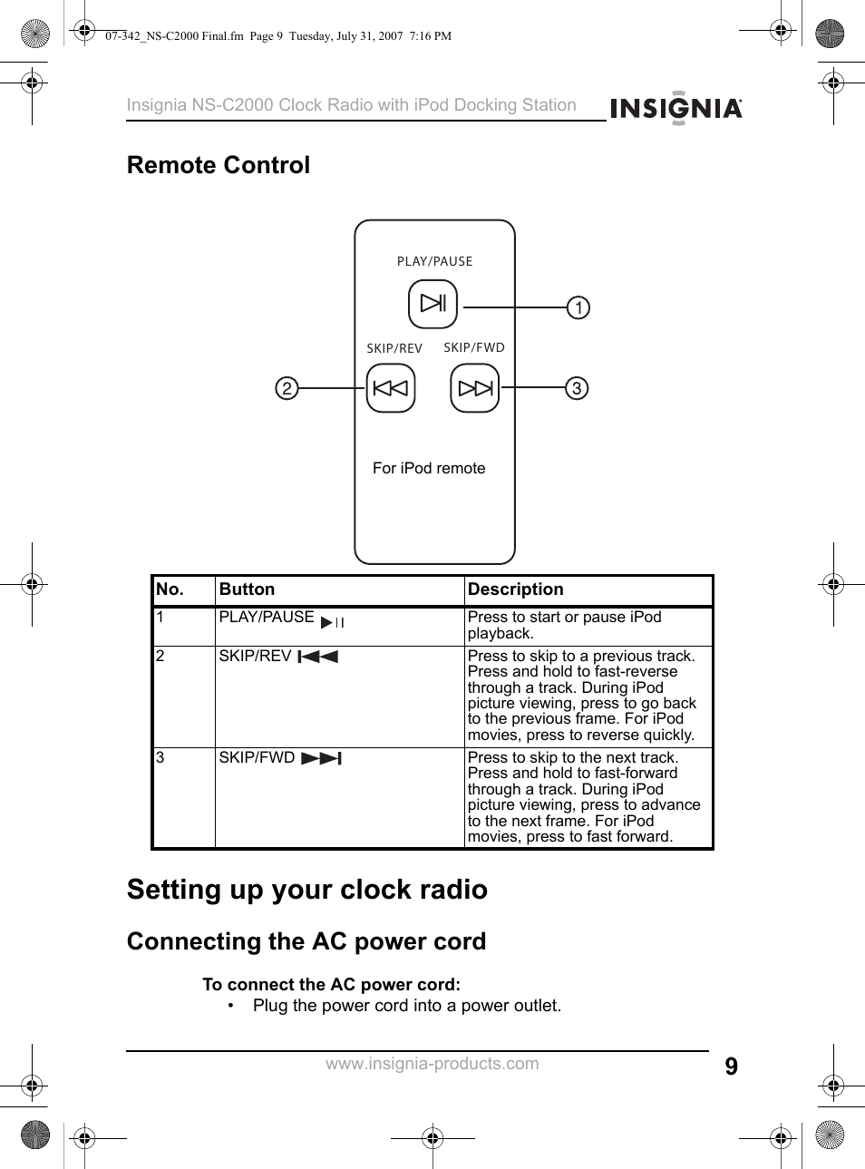 Remote control, Setting up your clock radio, Connecting the ac power cord | Insignia NS-C2000 User Manual | Page 9 / 50