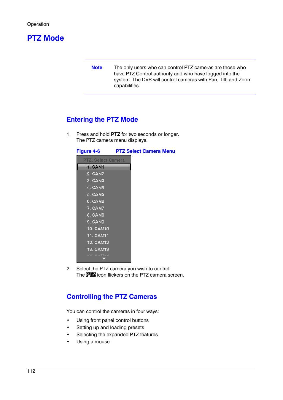 Ptz mode, Figure 4-6, Ptz select camera menu | Entering the ptz mode, Controlling the ptz cameras | Insignia HRSD16 User Manual | Page 112 / 160