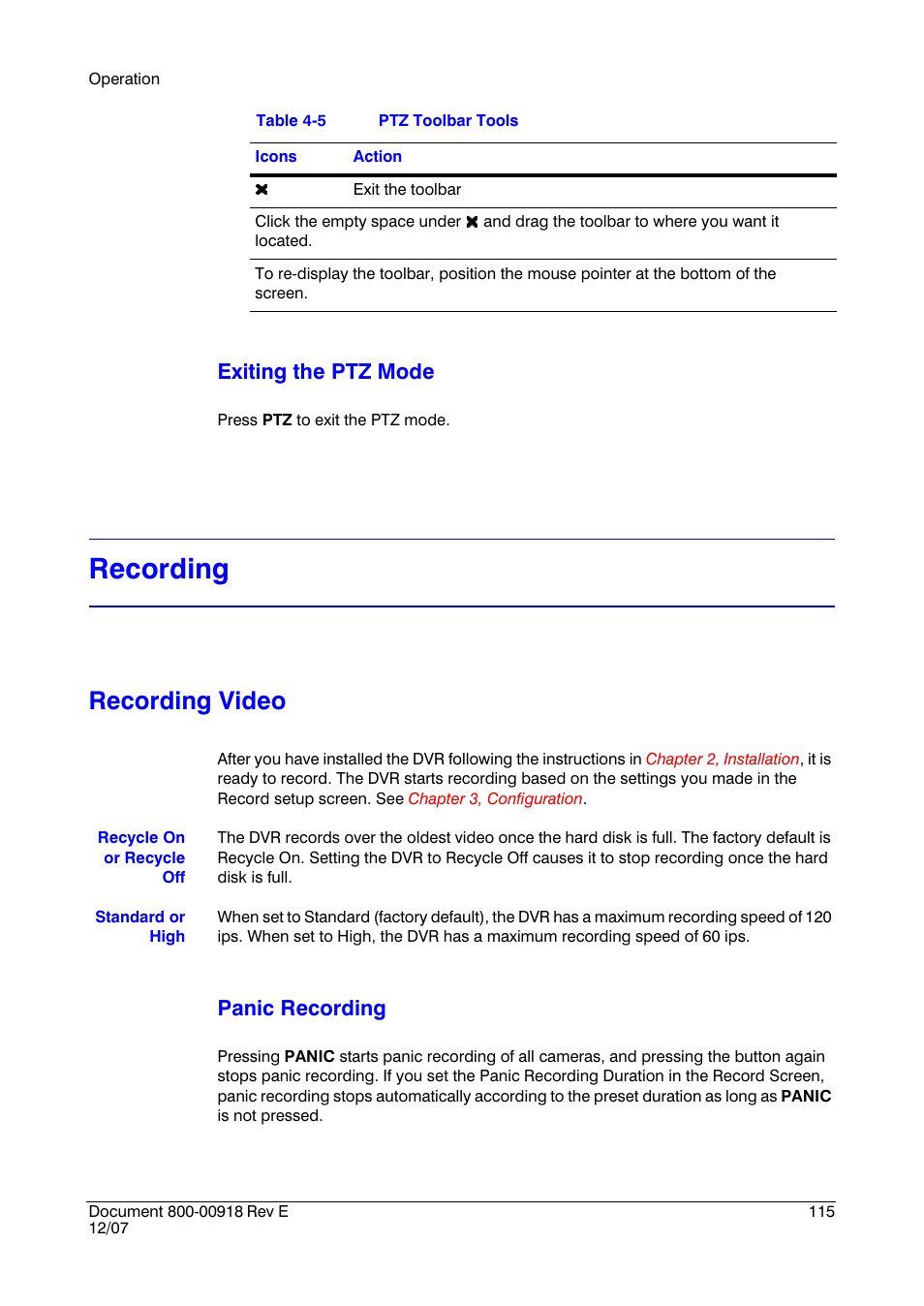 Recording, Recording video, Exiting the ptz mode | Panic recording | Insignia HRSD16 User Manual | Page 115 / 160