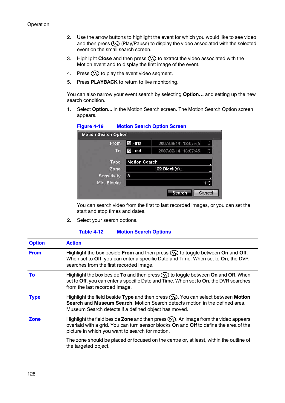 Figure 4-19, Motion search option screen, Table 4-12 | Motion search options | Insignia HRSD16 User Manual | Page 128 / 160