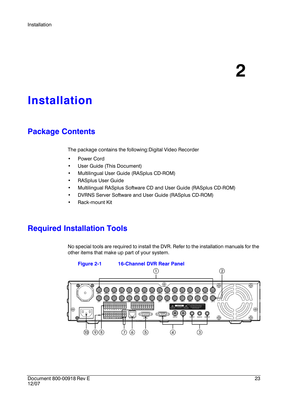 Installation 2, Package contents, Required installation tools | Installation, Package contents required installation tools, Figure 2-1, Channel dvr rear panel | Insignia HRSD16 User Manual | Page 23 / 160