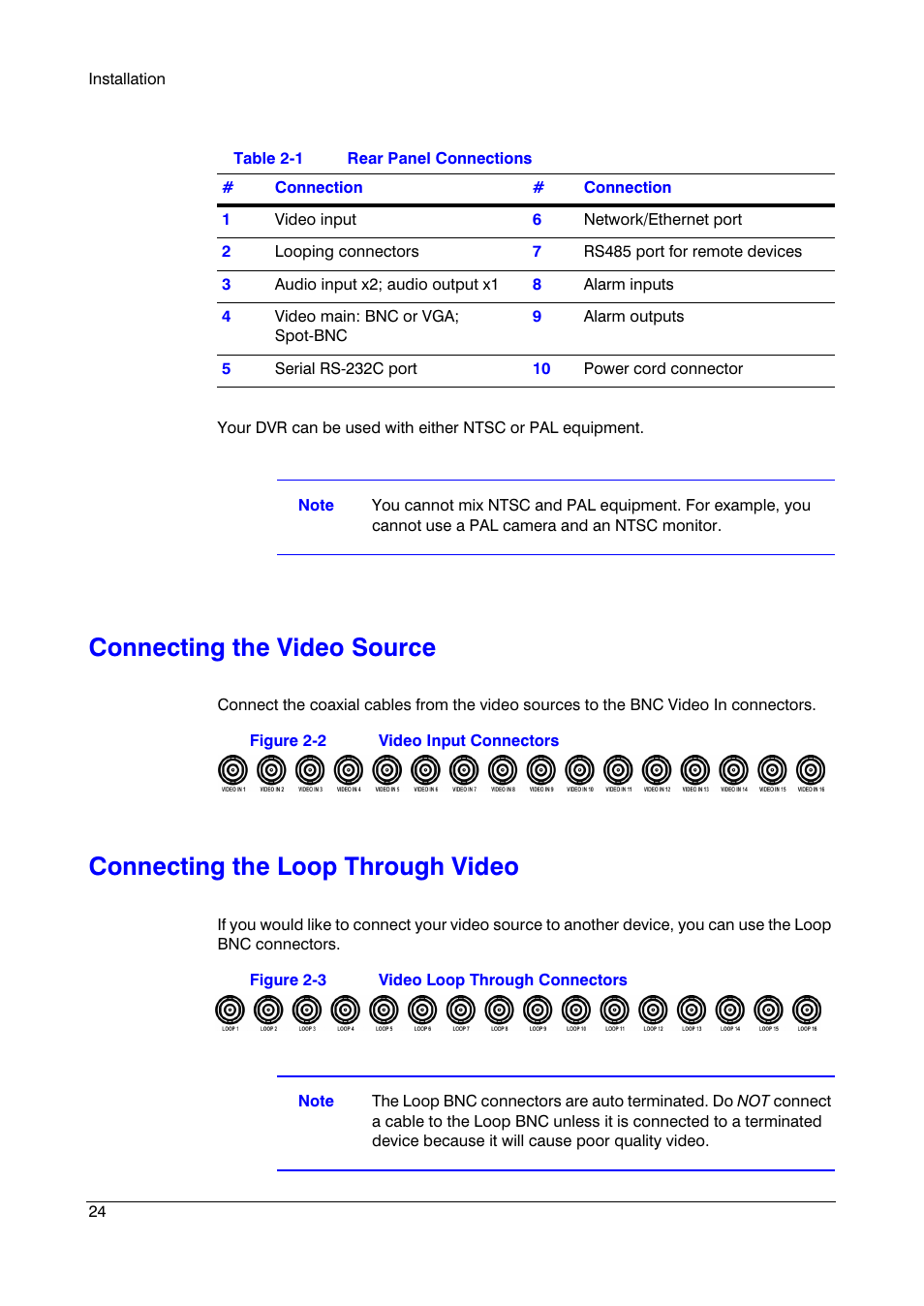 Connecting the video source, Connecting the loop through video, Figure 2-2 | Video input connectors, Figure 2-3, Video loop through connectors, Table 2-1, Rear panel connections | Insignia HRSD16 User Manual | Page 24 / 160