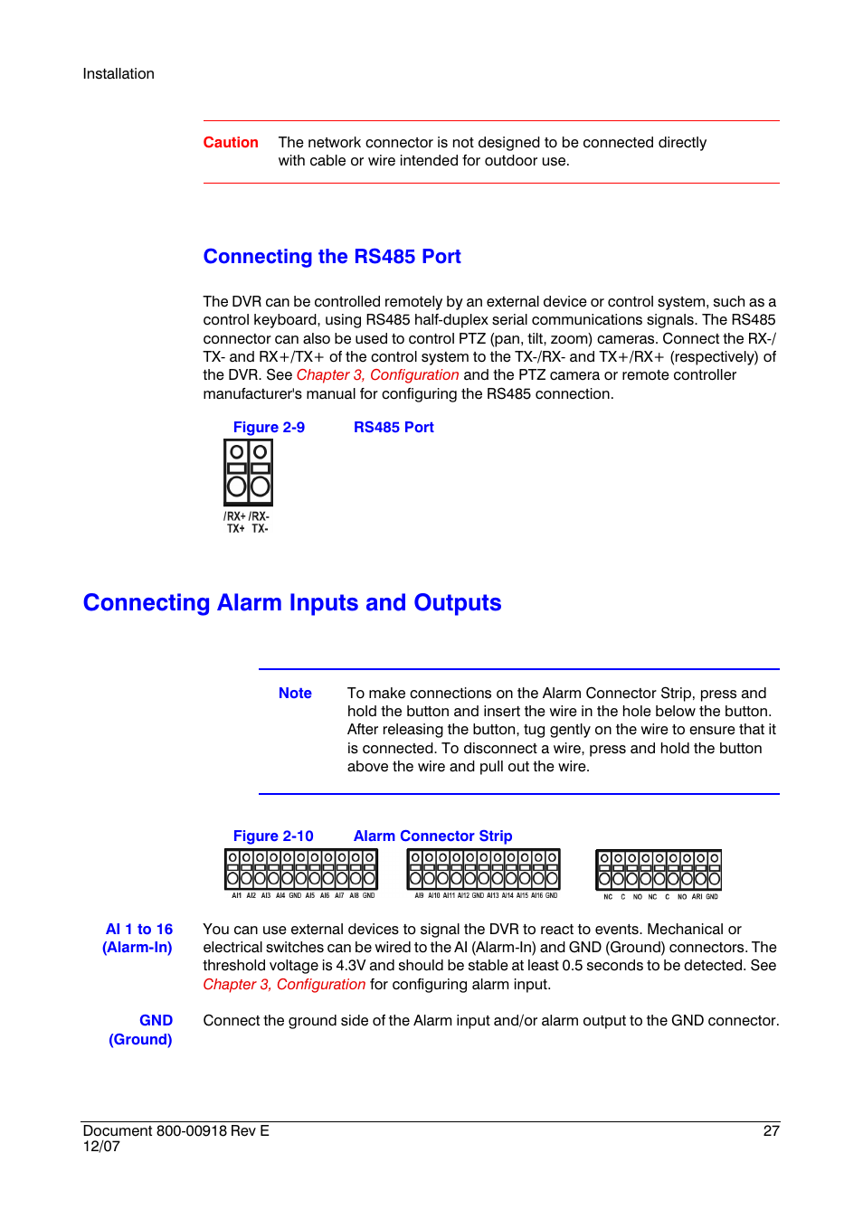 Connecting alarm inputs and outputs, Figure 2-9, Rs485 port | Figure 2-10, Alarm connector strip, Connecting the rs485 port | Insignia HRSD16 User Manual | Page 27 / 160