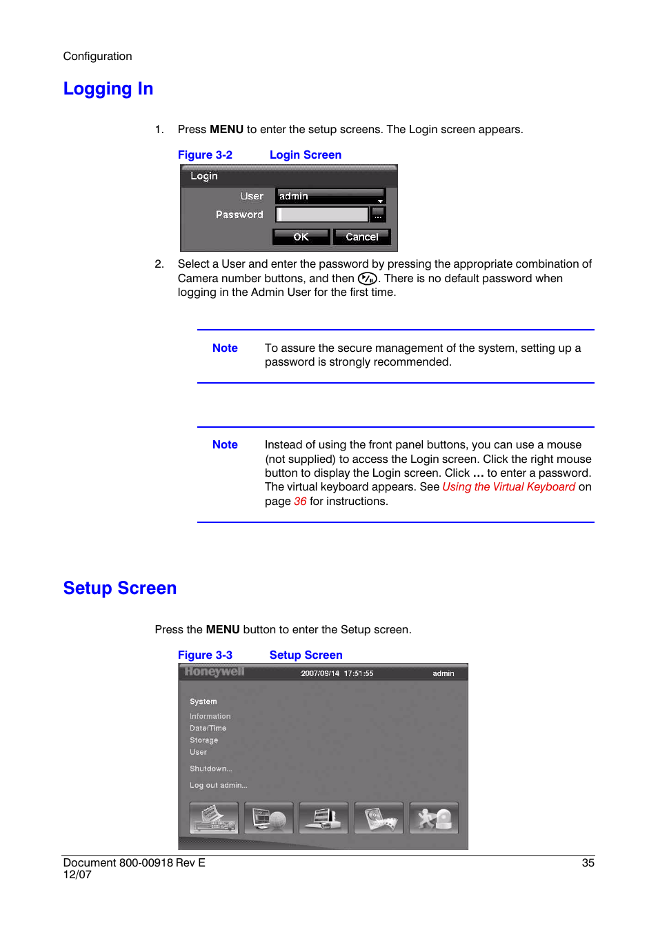 Logging in, Setup screen, Logging in setup screen | Figure 3-2, Login screen, Figure 3-3 | Insignia HRSD16 User Manual | Page 35 / 160