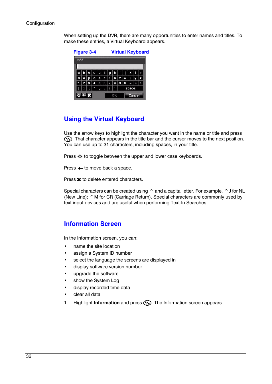 Figure 3-4, Virtual keyboard, Using the virtual keyboard | For instr, Information screen | Insignia HRSD16 User Manual | Page 36 / 160